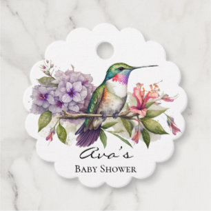 Elegant Hummingbird Purple Floral Girl Baby Shower Favour Tags