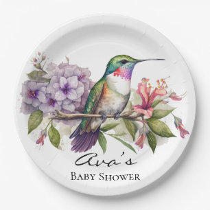 Elegant Hummingbird Purple Floral Girl Baby Shower Paper Plate