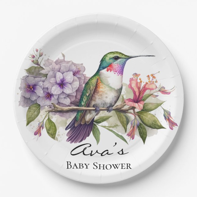 Elegant Hummingbird Purple Floral Girl Baby Shower Paper Plate (Front)