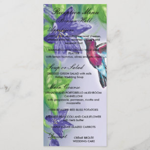 elegant hummingbird  purple flowers wedding menu