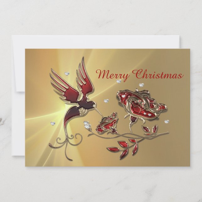 Elegant Hummingbird Red Floral  Christmas Flat Holiday Card (Front)