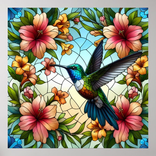 Elegant Hummingbird Stained Glass Effect Poster (Front)