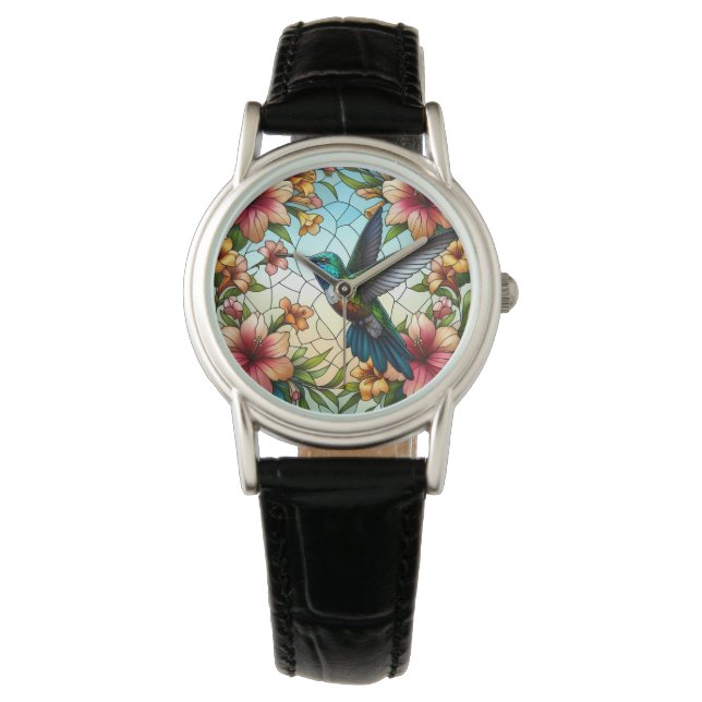 Elegant Hummingbird Stained Glass Effect Watch (Front)