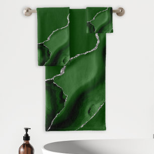 Elegant Hunter Green Agate Geode Silver Glitter Bath Towel Set