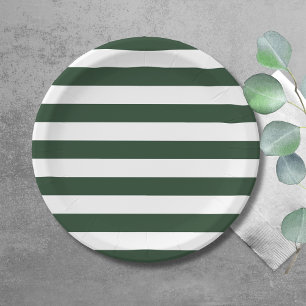 Elegant Hunter Green and White Striped Pattern Paper Plate