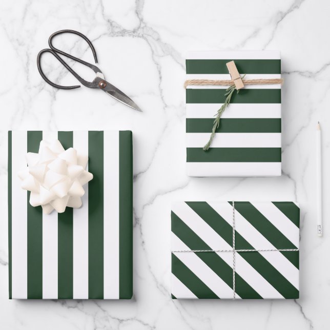 Elegant Hunter Green and White Striped Pattern Wrapping Paper Sheet (Front)