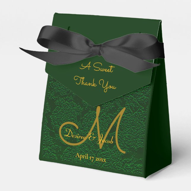 Elegant Hunter Green Gold Wedding Monogram Favour Box (Front Side)