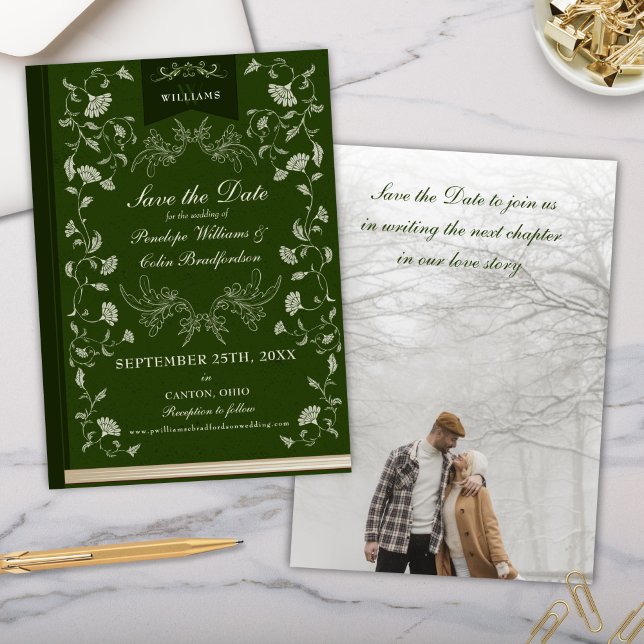 Elegant Hunter Green Library Wedding Save the Date Invitation (Formal Elegant Hunter Forest Green Floral Wedding Save the Date Invitation Cards)
