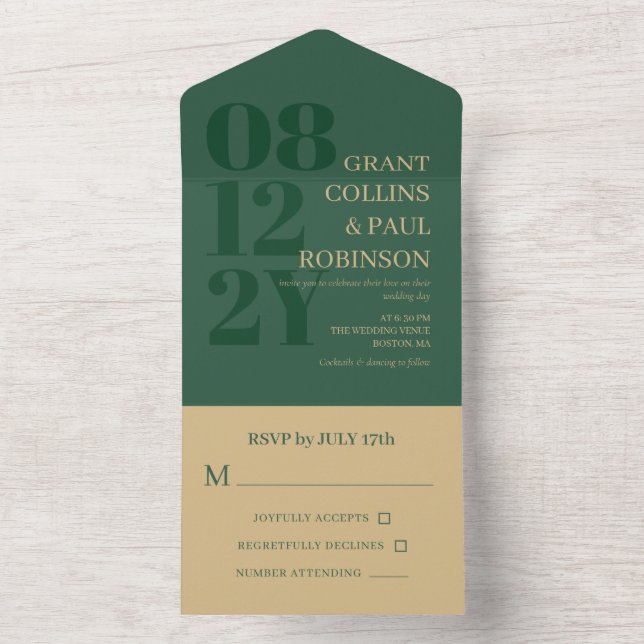 Elegant Hunter Green & Tan Typography Wedding All In One Invitation (Inside)