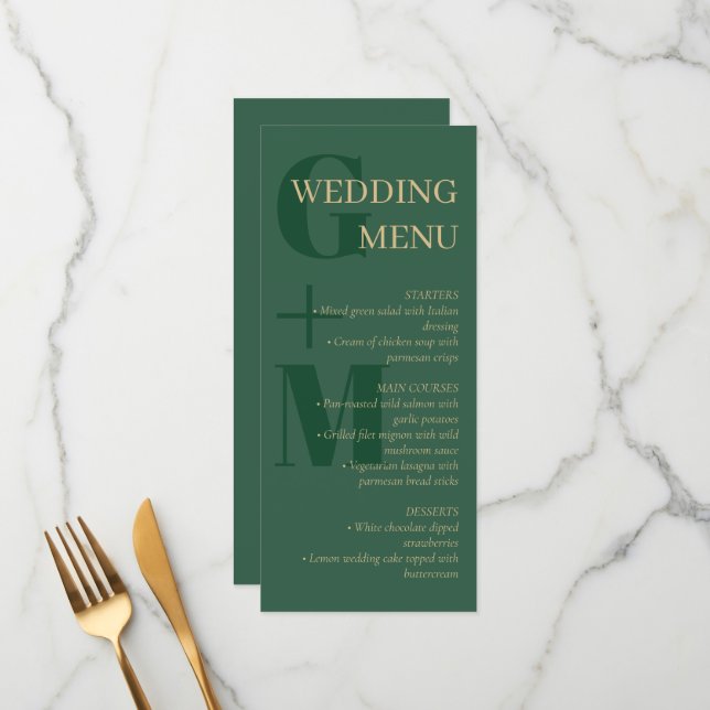 Elegant Hunter Green Tan Typography Wedding Menu (Front/Back In Situ)