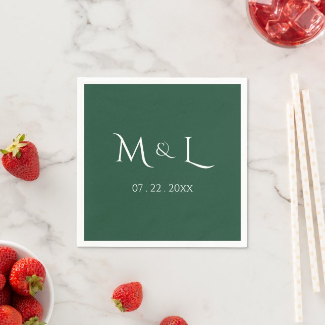 Elegant Hunter Green White Monogram Date Wedding  Napkin (Insitu)