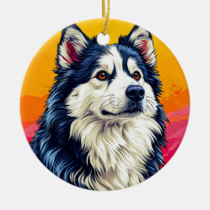 Elegant Husky Portrait with Vibrant Sunset Ceramic Tree Decoration