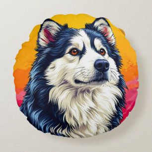 Elegant Husky Portrait with Vibrant Sunset Round Cushion