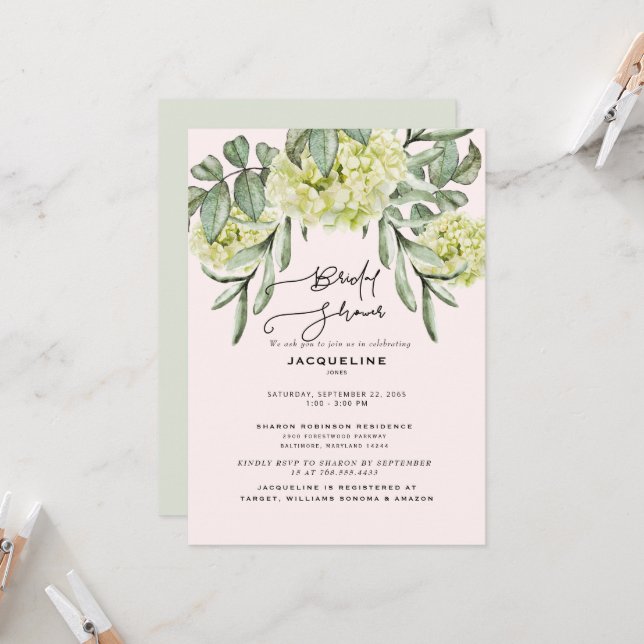 Elegant Hydrangea Blush & Mint Bridal Shower Invitation (Front/Back In Situ)