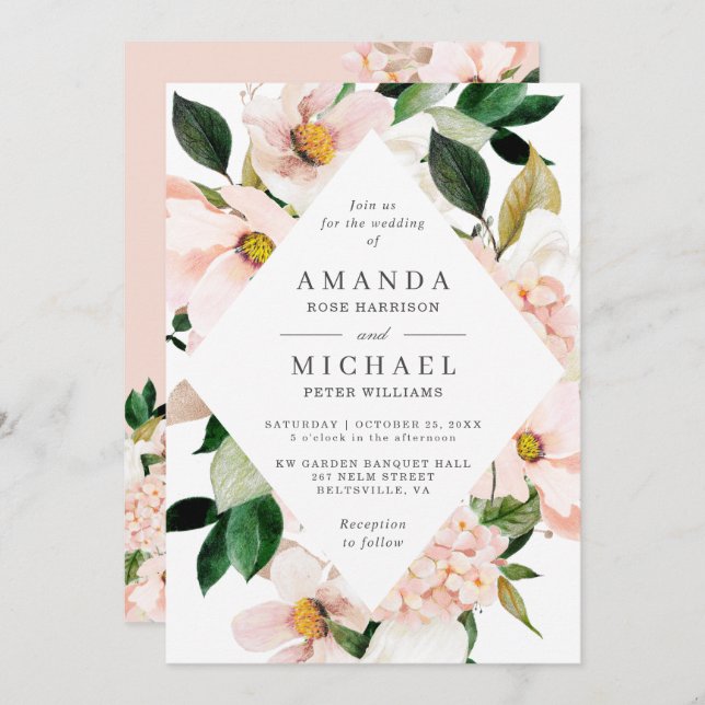 Elegant Hydrangea Blush Pink Floral Wedding Invitation (Front/Back)
