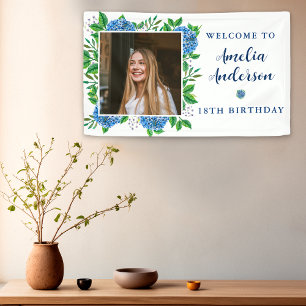 Elegant Hydrangea Custom Photo 18th Birthday Party Banner