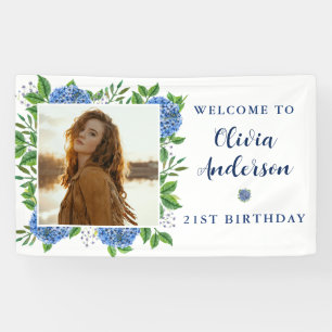 Elegant Hydrangea Custom Photo 21st Birthday Party Banner