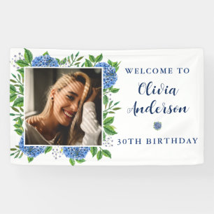 Elegant Hydrangea Custom Photo 30th Birthday Party Banner