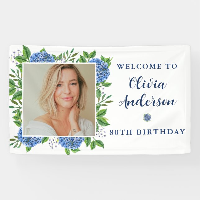 Elegant Hydrangea Custom Photo 80th Birthday Party Banner (Horizontal)