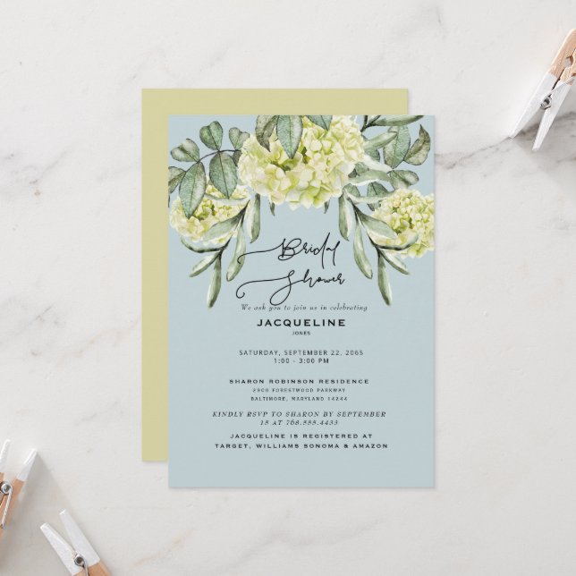 Elegant Hydrangea Dusty Blue Bridal Shower  Invitation (Front/Back In Situ)