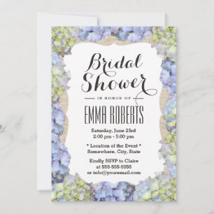 Elegant Hydrangea Flowers Burlap Bridal Shower Invitation