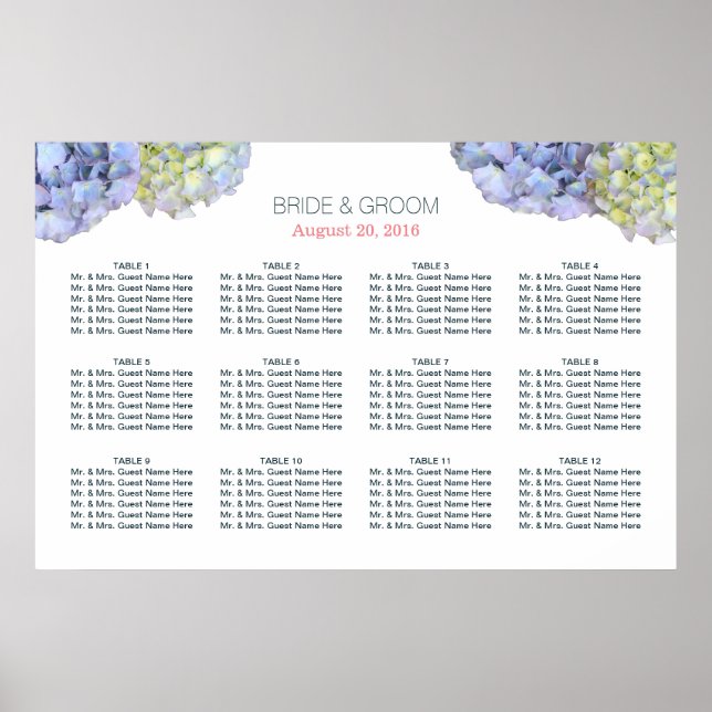 Elegant Hydrangea Flowers Wedding Seating Chart (Front)