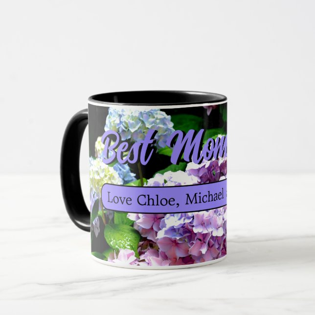 Elegant hydrangea garden pink purple floral photo mug (Front Left)