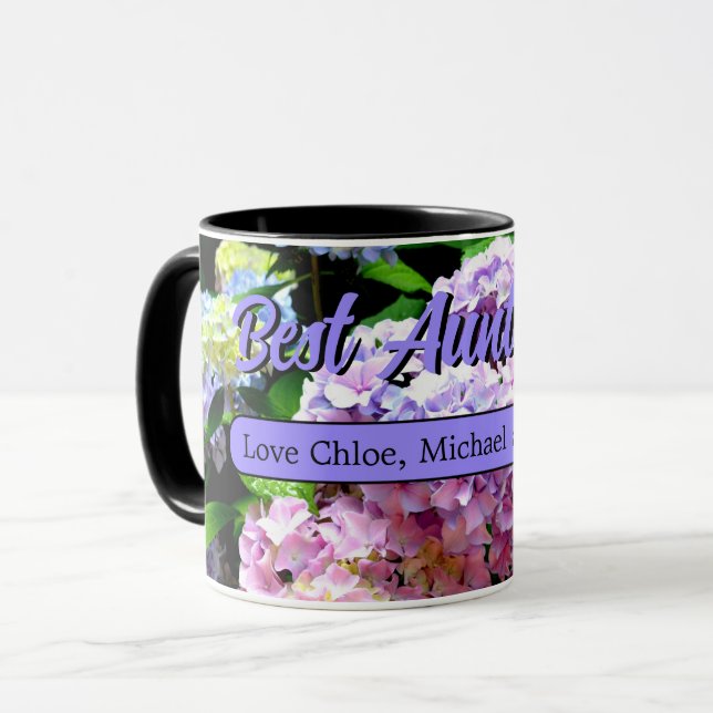 Elegant hydrangea garden pink purple floral photo mug (Front Left)