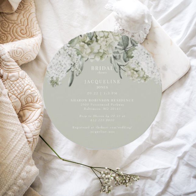 Elegant Hydrangea Light Sage Round Bridal Shower Invitation (Creator Uploaded)