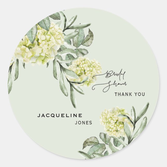 Elegant Hydrangea Mint Bridal Shower Thank You Classic Round Sticker (Front)