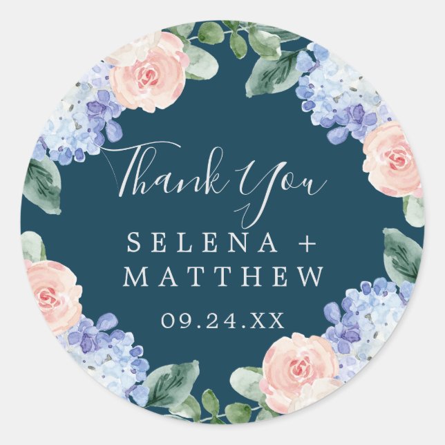 Elegant Hydrangea Navy Thank You Favour Sticker (Front)