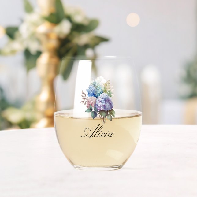 Elegant Hydrangea Personalise Stemless Wine Glass (Insitu (Wedding))