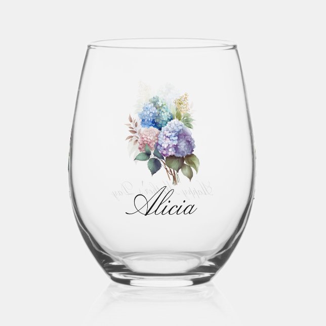 Elegant Hydrangea Personalise Stemless Wine Glass (Front)