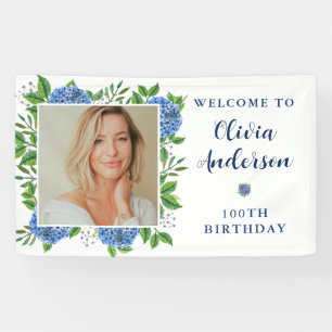 Elegant Hydrangea Photo 100th Birthday Party Banner