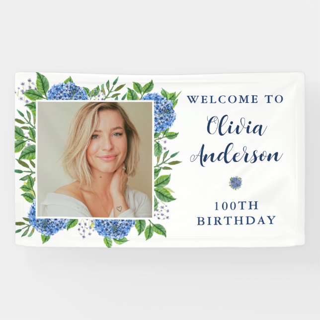 Elegant Hydrangea Photo 100th Birthday Party Banner (Horizontal)