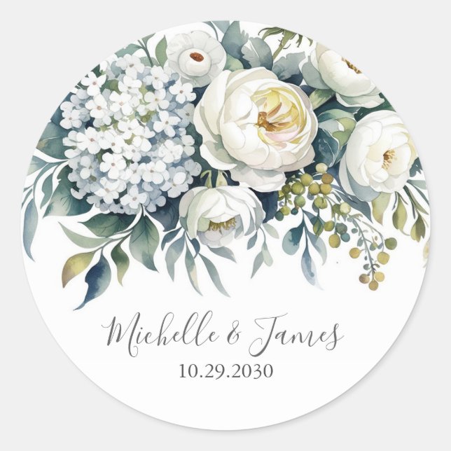 Elegant Hydrangea Rose Floral Wedding              Classic Round Sticker (Front)