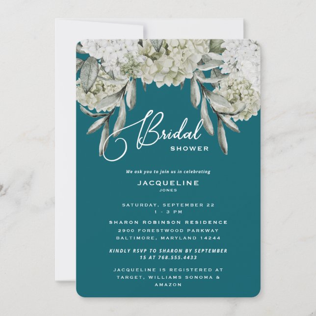 Elegant Hydrangea Teal Rounded Bridal Shower Invitation (Front)