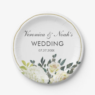 Elegant Hydrangea White Rose Wedding Floral Frame Paper Plate