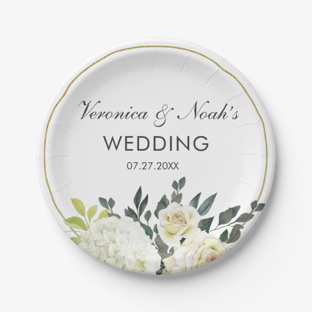 Elegant Hydrangea White Rose Wedding Floral Frame Paper Plate (Front)