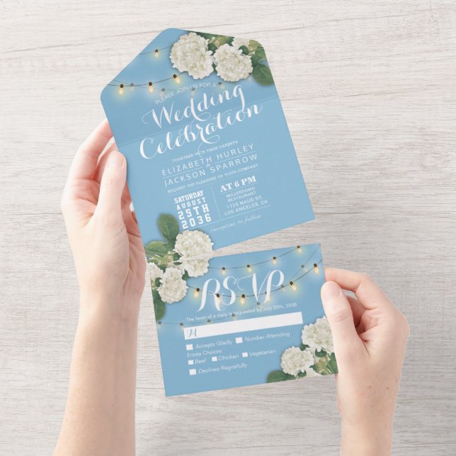Elegant Hydrangeas String Lights Blue Wedding RSVP All In One Invitation (Tearaway)