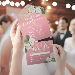 Elegant Hydrangeas String Lights Pink Wedding RSVP All In One Invitation