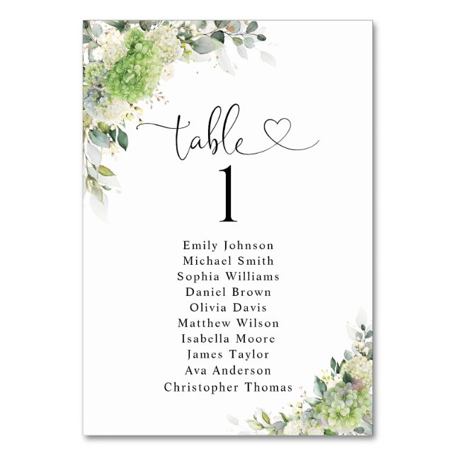 Elegant Hydrangeas Table Number Seating Chart (Front)