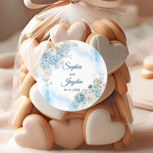 Elegant Ice Blue Ivory Rose Flowers Wedding Classic Round Sticker