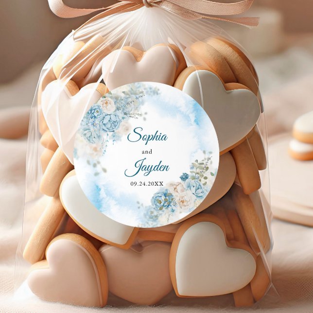 Elegant Ice Blue Ivory Rose Flowers Wedding Classic Round Sticker (Creator Uploaded)