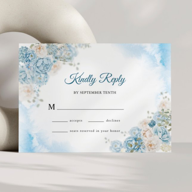 Elegant Ice Blue Ivory Rose Flowers Wedding RSVP Card (Creator Uploaded)