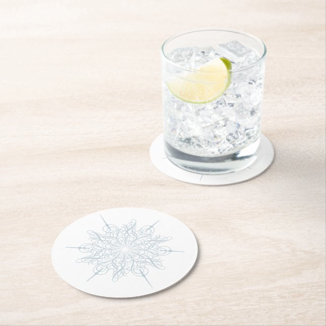Elegant Ice Blue Snowflake Christmas Party Round Paper Coaster (Insitu)