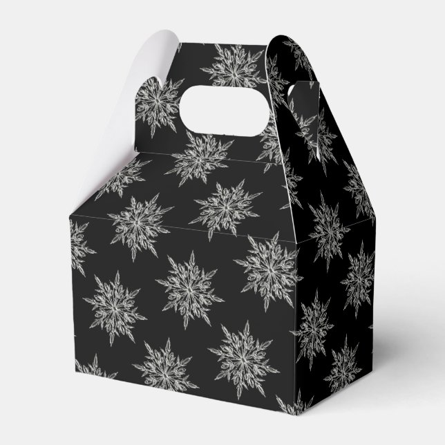 Elegant Ice Crystals Snowflakes Pattern on Black Favour Box (Front Side)