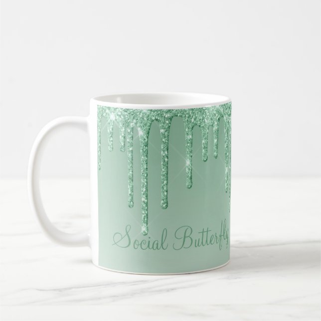 Elegant Ice Green Glitter Script Sparkle Modern Coffee Mug (Left)