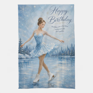 Elegant Ice Skater Birthday Greeting Tea Towel