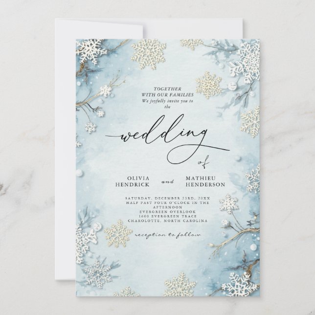 Elegant Icy Blue Winter Floral Wedding Invitation (Front)